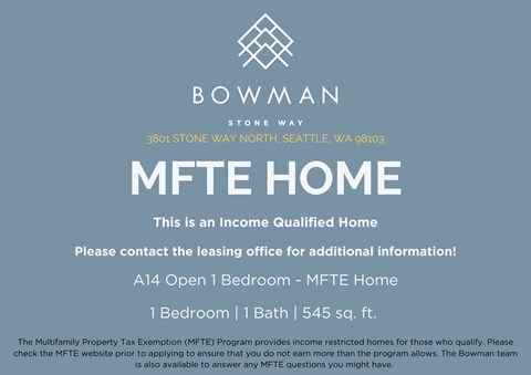 An advertisement for a bowman MFTE home located at 3801 Stone Way North Seattle, WA 98103.